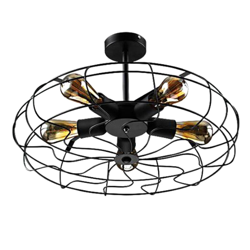 Basket Cage Semi Flush Light Fixtures Retro Industrial Style 5 Lights Metal Ceiling Mount Chandelier for Hallway Clearhalo 'Ceiling Lights' 'Close To Ceiling Lights' 'Close to ceiling' 'Semi-flushmount' Lighting' 2590888