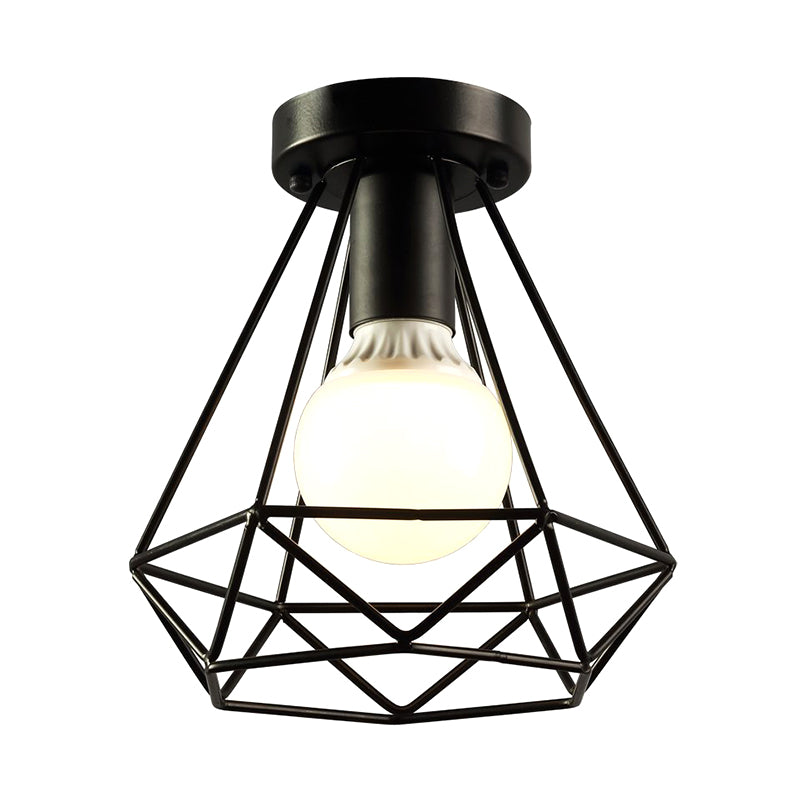 Cage Diamond Semi Flush Light Fixtures Retro Industrial Style Metal Ceiling Mount Light Fixture for Restaurant Clearhalo 'Ceiling Lights' 'Close To Ceiling Lights' 'Close to ceiling' 'Semi-flushmount' Lighting' 2590896