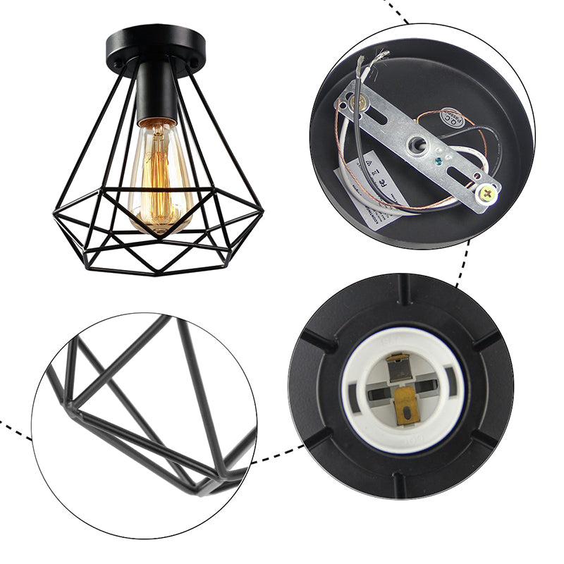 Cage Diamond Semi Flush Light Fixtures Retro Industrial Style Metal Ceiling Mount Light Fixture for Restaurant Clearhalo 'Ceiling Lights' 'Close To Ceiling Lights' 'Close to ceiling' 'Semi-flushmount' Lighting' 2590899