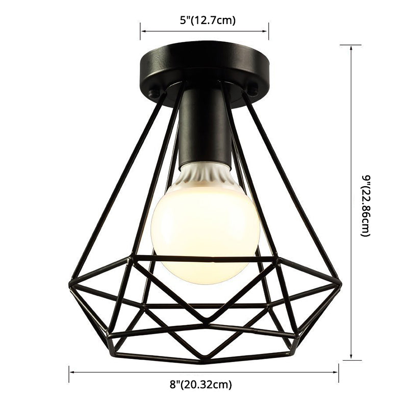 Cage Diamond Semi Flush Light Fixtures Retro Industrial Style Metal Ceiling Mount Light Fixture for Restaurant Clearhalo 'Ceiling Lights' 'Close To Ceiling Lights' 'Close to ceiling' 'Semi-flushmount' Lighting' 2590900