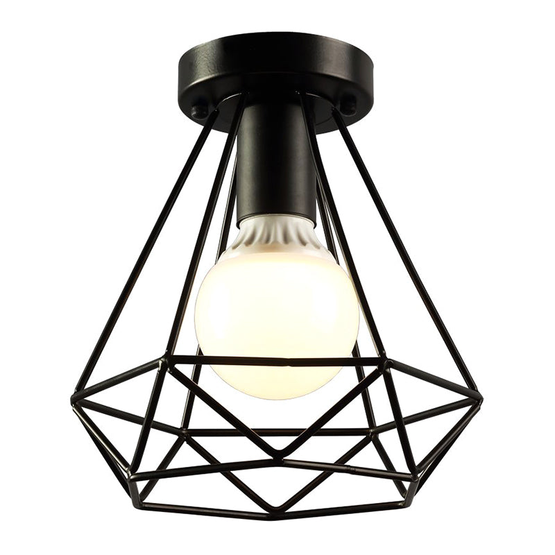 Cage Diamond Semi Flush Light Fixtures Retro Industrial Style Metal Ceiling Mount Light Fixture for Restaurant Black Clearhalo 'Ceiling Lights' 'Close To Ceiling Lights' 'Close to ceiling' 'Semi-flushmount' Lighting' 2590901