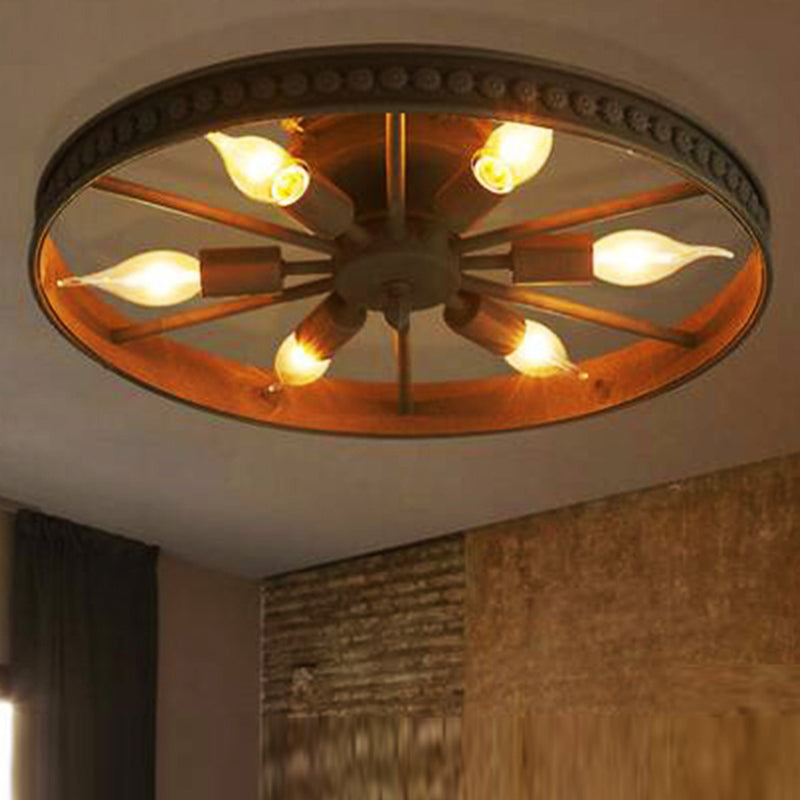 Wheel Semi Flush Chandelier Retro Industrial Style 6 Lights Metal Ceiling Mounted Fixture for Living Room Clearhalo 'Ceiling Lights' 'Close To Ceiling Lights' 'Close to ceiling' 'Semi-flushmount' Lighting' 2590909