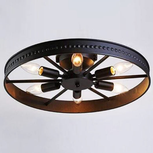 Wheel Semi Flush Chandelier Retro Industrial Style 6 Lights Metal Ceiling Mounted Fixture for Living Room Black Clearhalo 'Ceiling Lights' 'Close To Ceiling Lights' 'Close to ceiling' 'Semi-flushmount' Lighting' 2590910