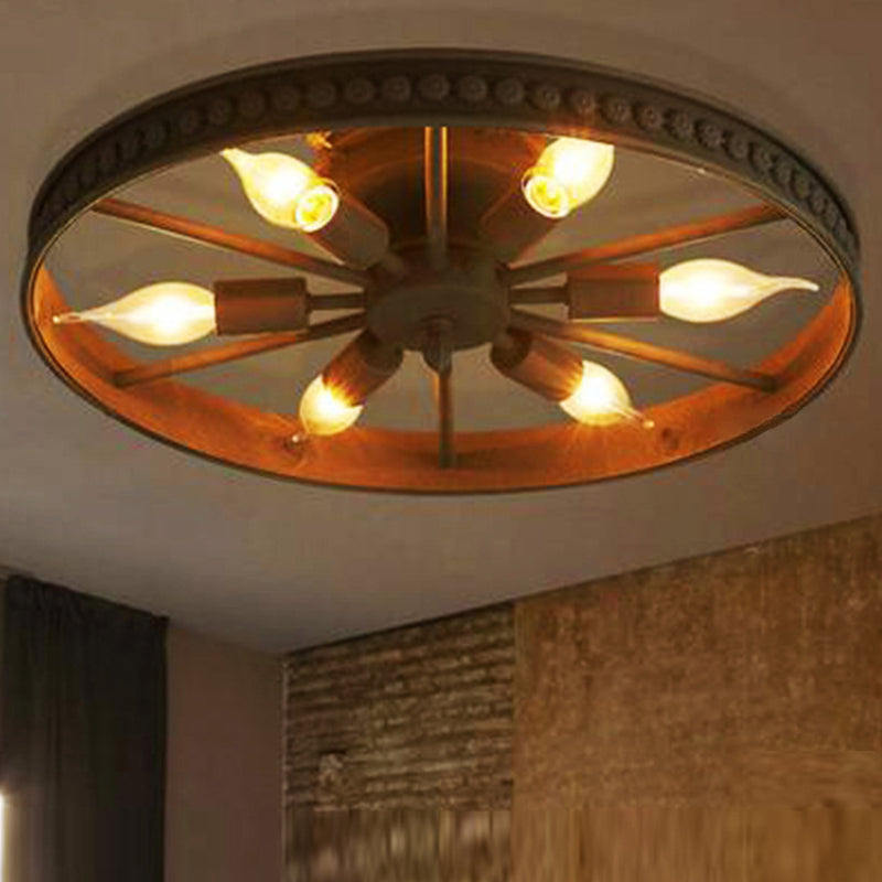 Wheel Semi Flush Chandelier Retro Industrial Style 6 Lights Metal Ceiling Mounted Fixture for Living Room Rust Clearhalo 'Ceiling Lights' 'Close To Ceiling Lights' 'Close to ceiling' 'Semi-flushmount' Lighting' 2590911