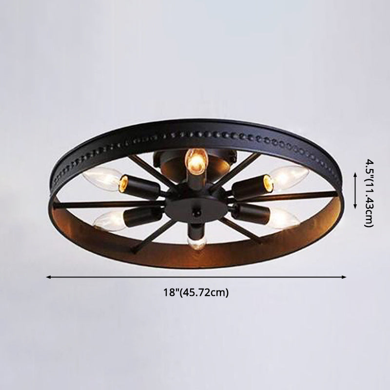 Wheel Semi Flush Chandelier Retro Industrial Style 6 Lights Metal Ceiling Mounted Fixture for Living Room Clearhalo 'Ceiling Lights' 'Close To Ceiling Lights' 'Close to ceiling' 'Semi-flushmount' Lighting' 2590912