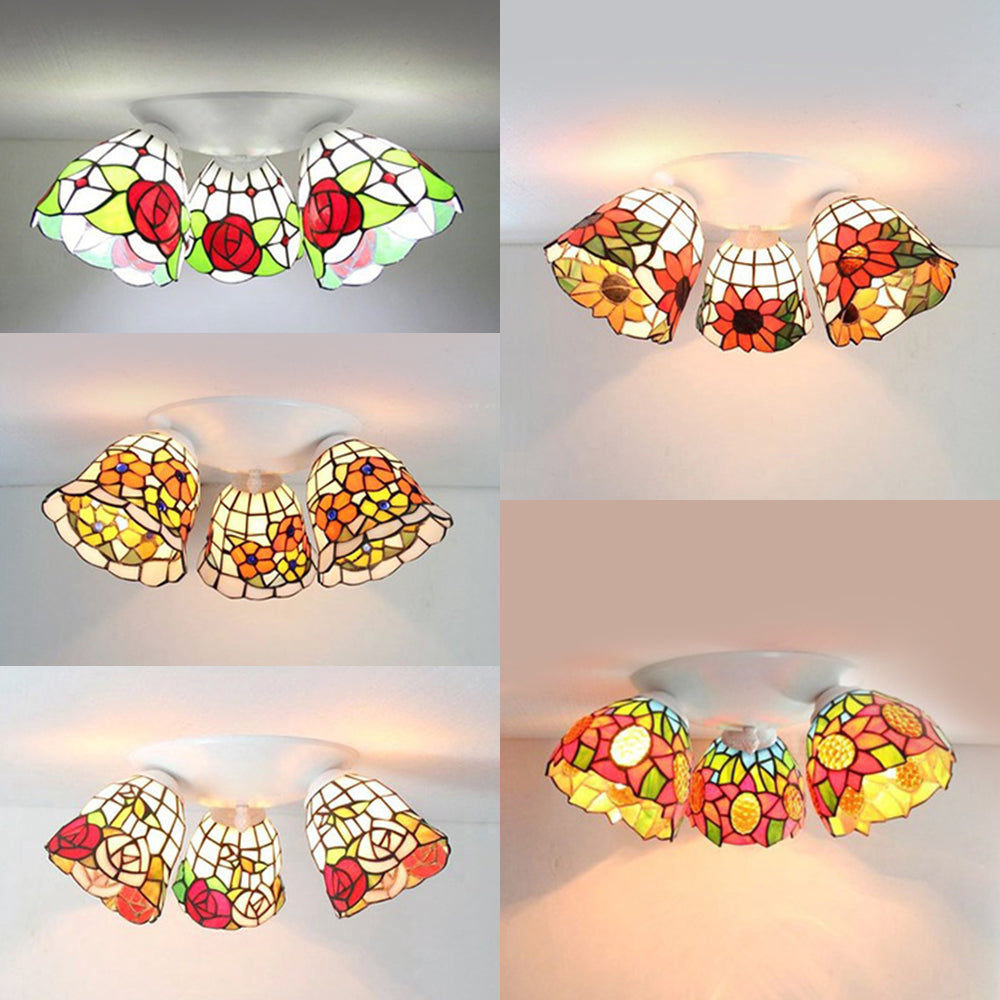 Retro Style Scalloped Ceiling Light Glass 3 Lights Ceiling Light Fixture with Flower/Morning Glory/Sunflower/Red Rose/White Rose Pattern in White Clearhalo 'Ceiling Lights' 'Close To Ceiling Lights' 'Close to ceiling' 'Glass shade' 'Glass' 'Semi-flushmount' 'Tiffany close to ceiling' 'Tiffany' Lighting' 25910