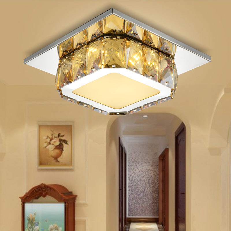 Clear/Amber Crystal Square Flush Mount Lamp Modern LED Corridor Flush-Mount Light Fixture in Neutral/Warm/White/3 Color Amber Clearhalo 'Ceiling Lights' 'Close To Ceiling Lights' 'Close to ceiling' 'Flush mount' Lighting' 259108