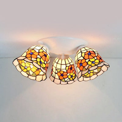 Retro Style Scalloped Ceiling Light Glass 3 Lights Ceiling Light Fixture with Flower/Morning Glory/Sunflower/Red Rose/White Rose Pattern in White White Morning Glory Clearhalo 'Ceiling Lights' 'Close To Ceiling Lights' 'Close to ceiling' 'Glass shade' 'Glass' 'Semi-flushmount' 'Tiffany close to ceiling' 'Tiffany' Lighting' 25911