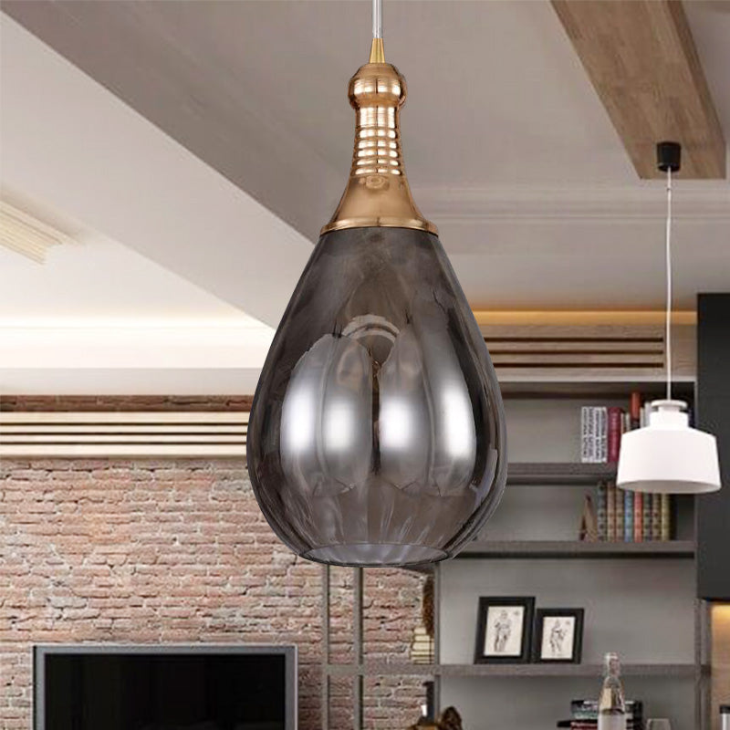 Vintage Teardrop Pendant Lighting 1 Bulb Height Adjustable Amber/Clear/Smoke Water Glass Shade Hanging Ceiling Light Smoke Gray Clearhalo 'Ceiling Lights' 'Glass shade' 'Glass' 'Industrial Pendants' 'Industrial' 'Middle Century Pendants' 'Pendant Lights' 'Pendants' 'Tiffany' Lighting' 259153