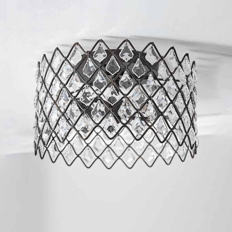 Metal Drum Semi Flush Light with Crystal Decoration Contemporary 3/5 Lights 13"/19.5" W Indoor Ceiling Lighting in Black Clearhalo 'Ceiling Lights' 'Close To Ceiling Lights' 'Close to ceiling' 'Flush mount' 'Industrial Flush Mount' Lighting' 259187