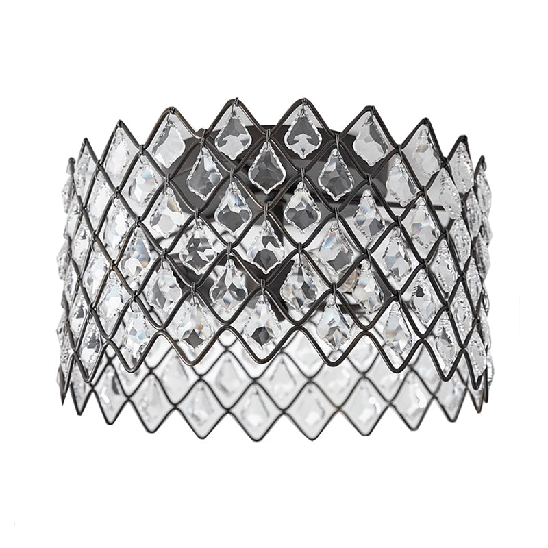 Metal Drum Semi Flush Light with Crystal Decoration Contemporary 3/5 Lights 13"/19.5" W Indoor Ceiling Lighting in Black Clearhalo 'Ceiling Lights' 'Close To Ceiling Lights' 'Close to ceiling' 'Flush mount' 'Industrial Flush Mount' Lighting' 259188