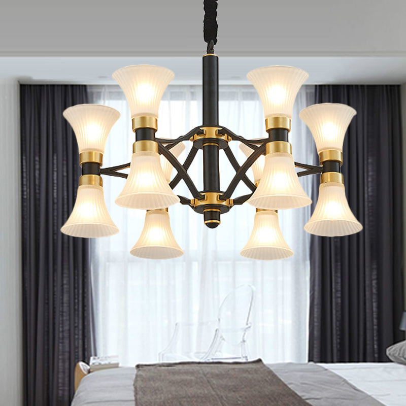 White Ribbed Glass Flared Suspension Pendant 6/12/16 Lights Modern Black and Gold Ceiling Chandelier 12 Black-Gold Clearhalo 'Ceiling Lights' 'Chandeliers' 'Close To Ceiling Lights' 'Glass shade' 'Glass' Lighting' 259192