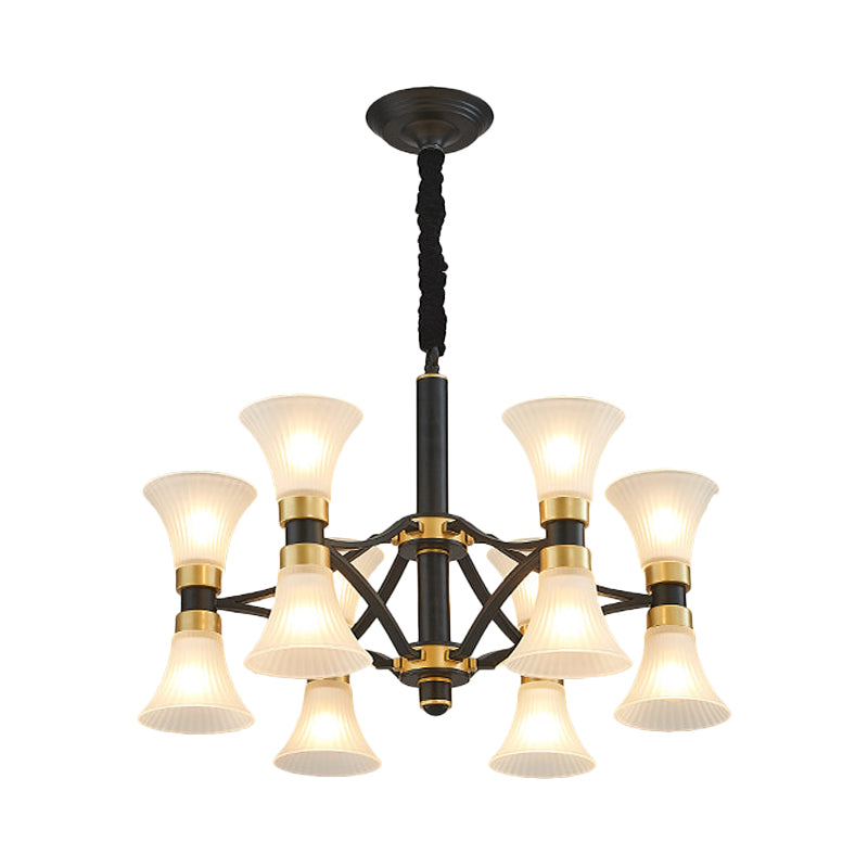 White Ribbed Glass Flared Suspension Pendant 6/12/16 Lights Modern Black and Gold Ceiling Chandelier Clearhalo 'Ceiling Lights' 'Chandeliers' 'Close To Ceiling Lights' 'Glass shade' 'Glass' Lighting' 259194