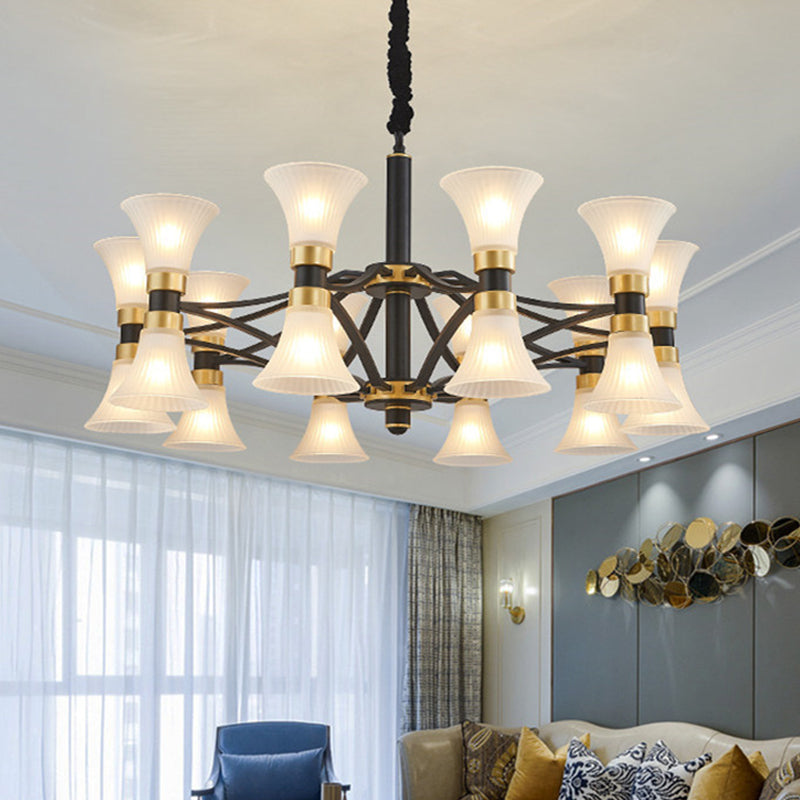 White Ribbed Glass Flared Suspension Pendant 6/12/16 Lights Modern Black and Gold Ceiling Chandelier 20 Black-Gold Clearhalo 'Ceiling Lights' 'Chandeliers' 'Close To Ceiling Lights' 'Glass shade' 'Glass' Lighting' 259196
