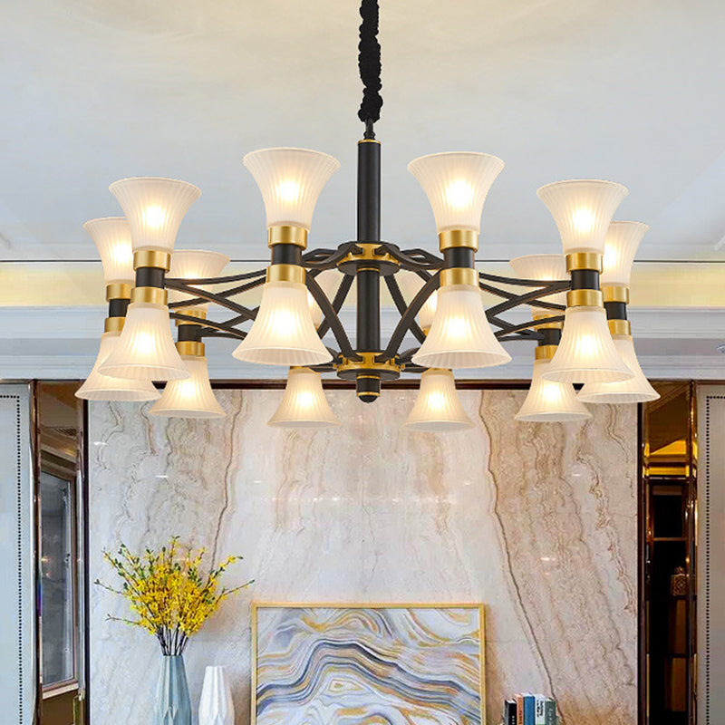 White Ribbed Glass Flared Suspension Pendant 6/12/16 Lights Modern Black and Gold Ceiling Chandelier Clearhalo 'Ceiling Lights' 'Chandeliers' 'Close To Ceiling Lights' 'Glass shade' 'Glass' Lighting' 259197