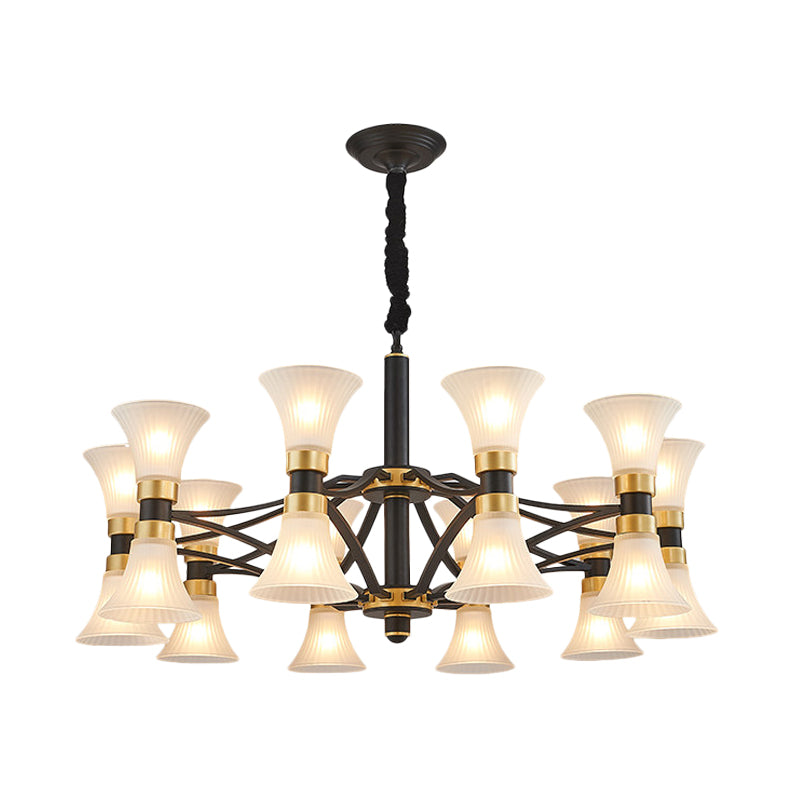 White Ribbed Glass Flared Suspension Pendant 6/12/16 Lights Modern Black and Gold Ceiling Chandelier Clearhalo 'Ceiling Lights' 'Chandeliers' 'Close To Ceiling Lights' 'Glass shade' 'Glass' Lighting' 259198
