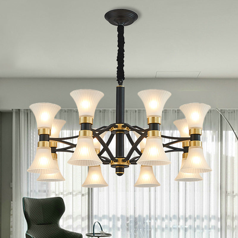 White Ribbed Glass Flared Suspension Pendant 6/12/16 Lights Modern Black and Gold Ceiling Chandelier 16 Black-Gold Clearhalo 'Ceiling Lights' 'Chandeliers' 'Close To Ceiling Lights' 'Glass shade' 'Glass' Lighting' 259199