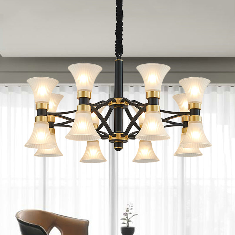 White Ribbed Glass Flared Suspension Pendant 6/12/16 Lights Modern Black and Gold Ceiling Chandelier Clearhalo 'Ceiling Lights' 'Chandeliers' 'Close To Ceiling Lights' 'Glass shade' 'Glass' Lighting' 259200