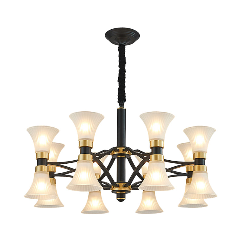 White Ribbed Glass Flared Suspension Pendant 6/12/16 Lights Modern Black and Gold Ceiling Chandelier Clearhalo 'Ceiling Lights' 'Chandeliers' 'Close To Ceiling Lights' 'Glass shade' 'Glass' Lighting' 259201
