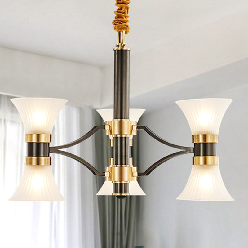 White Ribbed Glass Flared Suspension Pendant 6/12/16 Lights Modern Black and Gold Ceiling Chandelier 6 Black-Gold Clearhalo 'Ceiling Lights' 'Chandeliers' 'Close To Ceiling Lights' 'Glass shade' 'Glass' Lighting' 259202