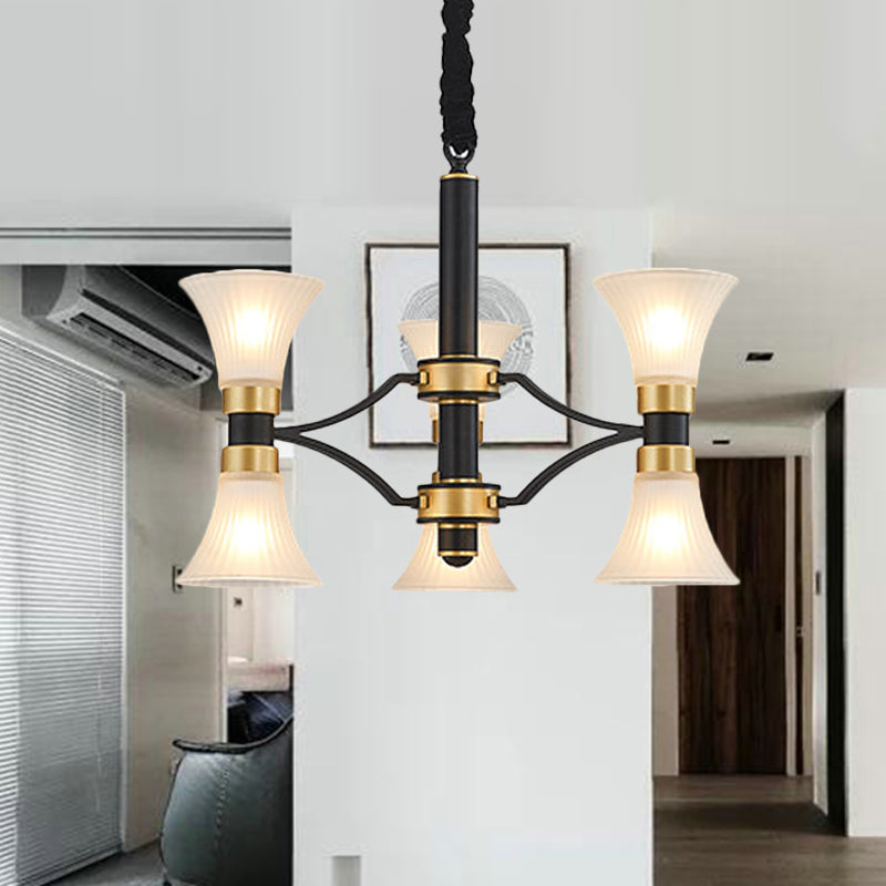 White Ribbed Glass Flared Suspension Pendant 6/12/16 Lights Modern Black and Gold Ceiling Chandelier Clearhalo 'Ceiling Lights' 'Chandeliers' 'Close To Ceiling Lights' 'Glass shade' 'Glass' Lighting' 259203