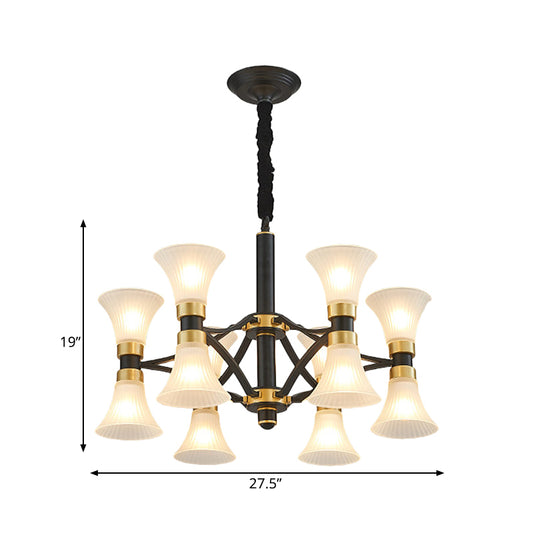 White Ribbed Glass Flared Suspension Pendant 6/12/16 Lights Modern Black and Gold Ceiling Chandelier Clearhalo 'Ceiling Lights' 'Chandeliers' 'Close To Ceiling Lights' 'Glass shade' 'Glass' Lighting' 259205