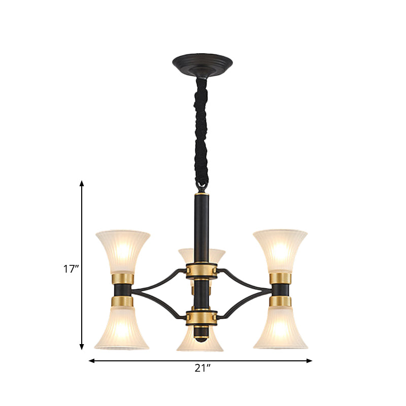 White Ribbed Glass Flared Suspension Pendant 6/12/16 Lights Modern Black and Gold Ceiling Chandelier Clearhalo 'Ceiling Lights' 'Chandeliers' 'Close To Ceiling Lights' 'Glass shade' 'Glass' Lighting' 259208