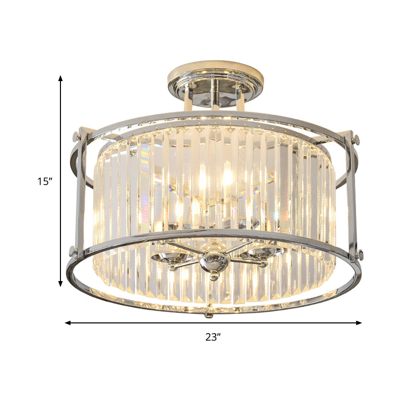Metal Frame Drum Semi Flush Mount Vintage 4 Lights Ceiling Light with Crystal Prism in Chrome Finish Clearhalo 'Ceiling Lights' 'Close To Ceiling Lights' 'Close to ceiling' 'Semi-flushmount' Lighting' 259265