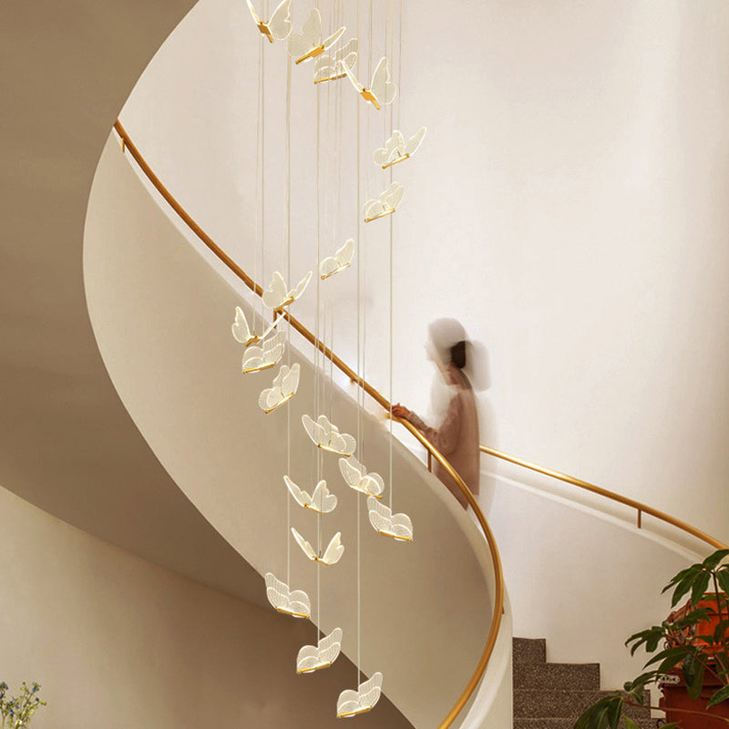 Butterfly Spiral Stairs Ceiling Lighting Acrylic Modern LED Multi-Light Pendant in Gold Clearhalo 'Ceiling Lights' 'Modern Pendants' 'Modern' 'Pendant Lights' 'Pendants' Lighting' 2592851