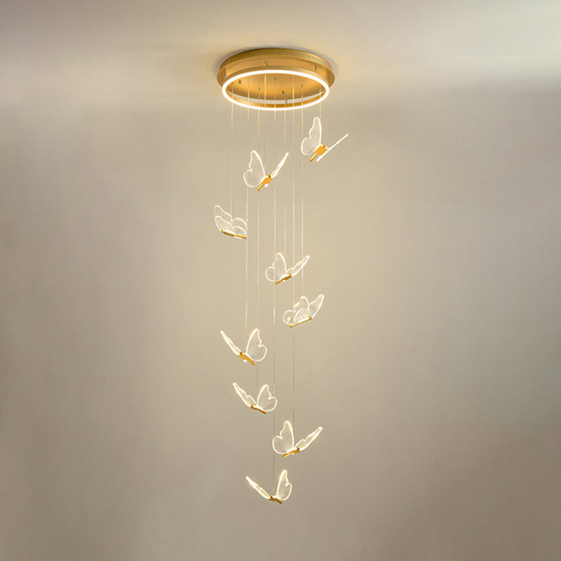 Butterfly Spiral Stairs Ceiling Lighting Acrylic Modern LED Multi-Light Pendant in Gold 9 Gold Clearhalo 'Ceiling Lights' 'Modern Pendants' 'Modern' 'Pendant Lights' 'Pendants' Lighting' 2592852