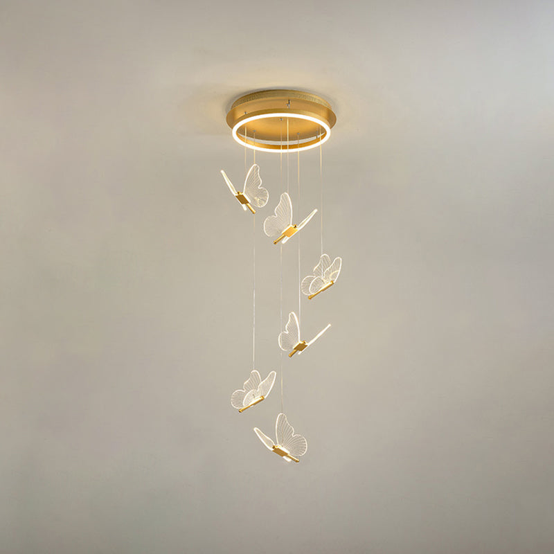 Butterfly Spiral Stairs Ceiling Lighting Acrylic Modern LED Multi-Light Pendant in Gold 6 Gold Clearhalo 'Ceiling Lights' 'Modern Pendants' 'Modern' 'Pendant Lights' 'Pendants' Lighting' 2592853