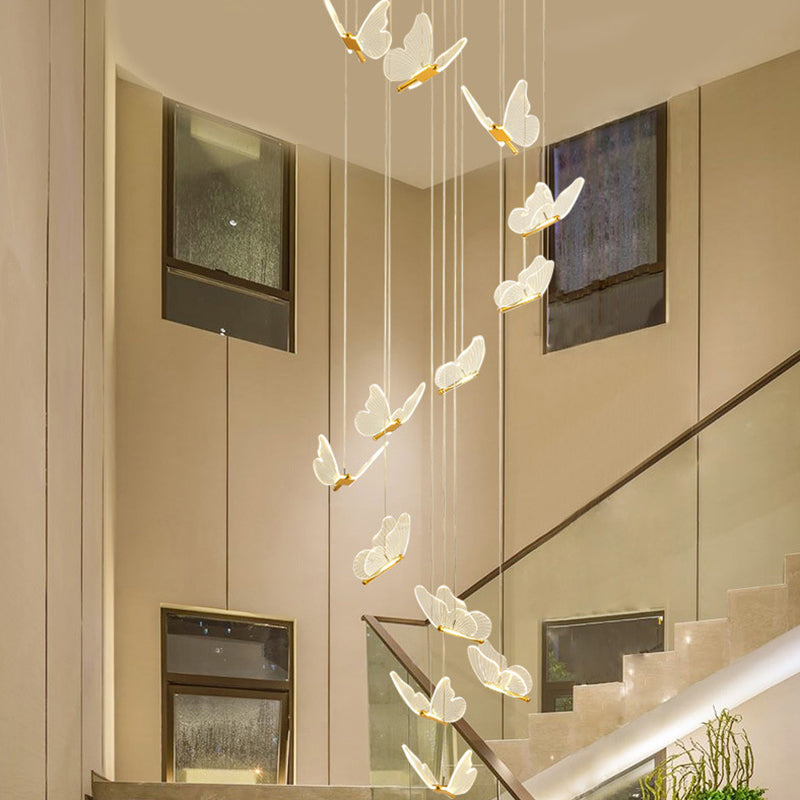 Butterfly Spiral Stairs Ceiling Lighting Acrylic Modern LED Multi-Light Pendant in Gold Clearhalo 'Ceiling Lights' 'Modern Pendants' 'Modern' 'Pendant Lights' 'Pendants' Lighting' 2592854