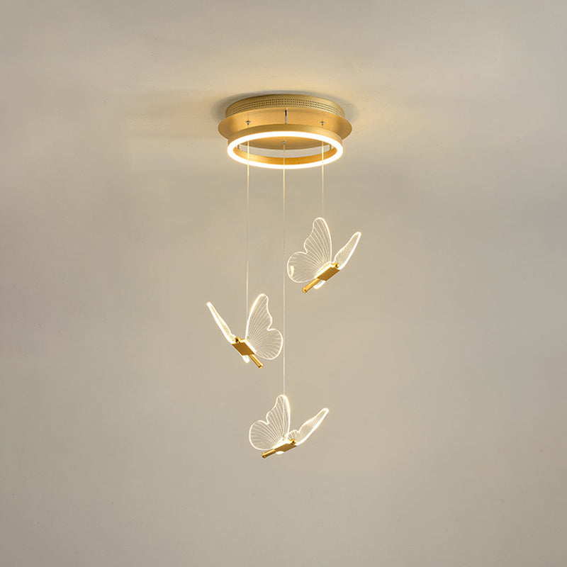 Butterfly Spiral Stairs Ceiling Lighting Acrylic Modern LED Multi-Light Pendant in Gold 3 Gold Clearhalo 'Ceiling Lights' 'Modern Pendants' 'Modern' 'Pendant Lights' 'Pendants' Lighting' 2592855