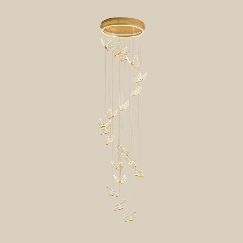Butterfly Spiral Stairs Ceiling Lighting Acrylic Modern LED Multi-Light Pendant in Gold 19 Gold Clearhalo 'Ceiling Lights' 'Modern Pendants' 'Modern' 'Pendant Lights' 'Pendants' Lighting' 2592859