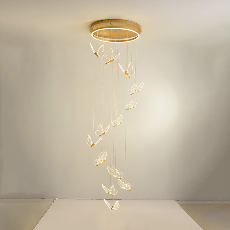 Butterfly Spiral Stairs Ceiling Lighting Acrylic Modern LED Multi-Light Pendant in Gold 13 Gold Clearhalo 'Ceiling Lights' 'Modern Pendants' 'Modern' 'Pendant Lights' 'Pendants' Lighting' 2592861