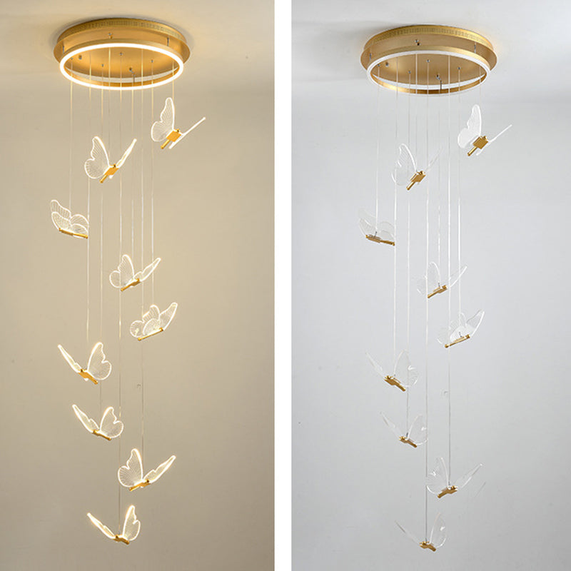 Butterfly Spiral Stairs Ceiling Lighting Acrylic Modern LED Multi-Light Pendant in Gold Clearhalo 'Ceiling Lights' 'Modern Pendants' 'Modern' 'Pendant Lights' 'Pendants' Lighting' 2592862