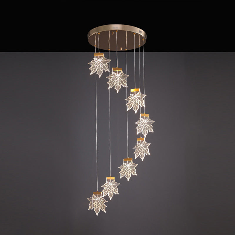 Maple Leaves Cluster Pendant Simplicity Acrylic Gold LED Suspension Lamp for Stairs 8 Gold Clearhalo 'Ceiling Lights' 'Modern Pendants' 'Modern' 'Pendant Lights' 'Pendants' Lighting' 2592884