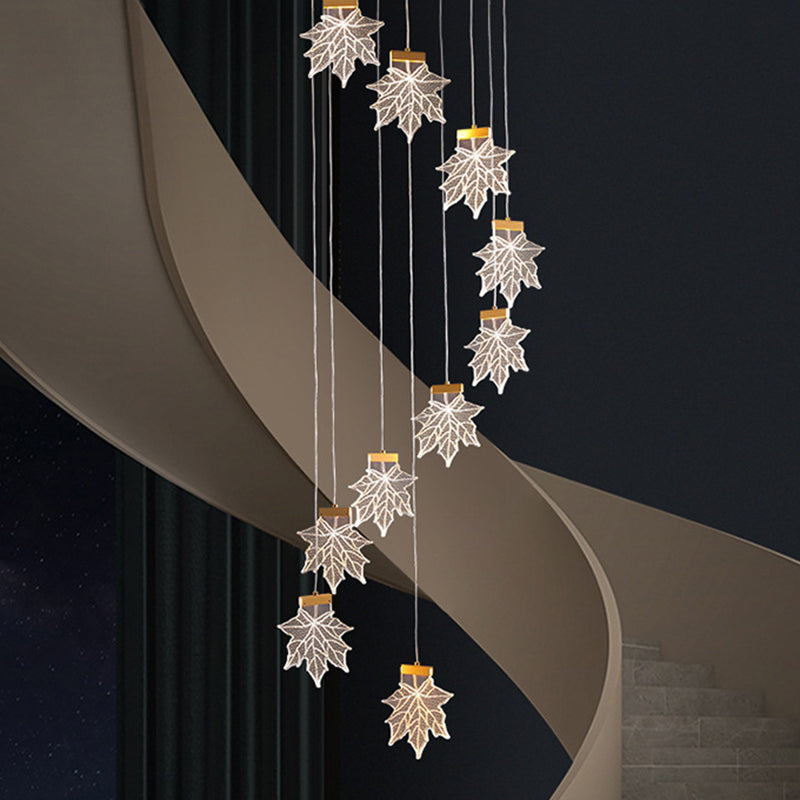 Maple Leaves Cluster Pendant Simplicity Acrylic Gold LED Suspension Lamp for Stairs 10 Gold Clearhalo 'Ceiling Lights' 'Modern Pendants' 'Modern' 'Pendant Lights' 'Pendants' Lighting' 2592885