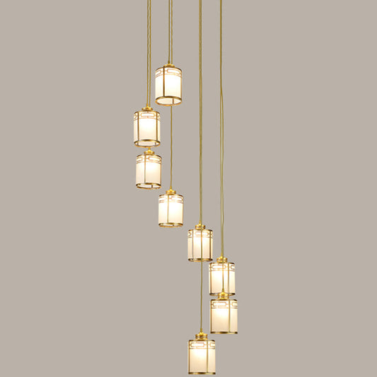 Frosted White Glass Cylindrical Pendant Lamp Modern Brass Multiple Hanging Lights for Duplex House 8 Brass Clearhalo 'Ceiling Lights' 'Glass shade' 'Glass' 'Modern Pendants' 'Modern' 'Pendant Lights' 'Pendants' Lighting' 2592901