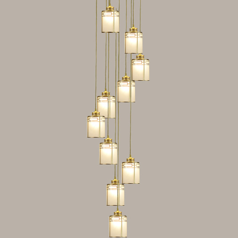 Frosted White Glass Cylindrical Pendant Lamp Modern Brass Multiple Hanging Lights for Duplex House 10 Brass Clearhalo 'Ceiling Lights' 'Glass shade' 'Glass' 'Modern Pendants' 'Modern' 'Pendant Lights' 'Pendants' Lighting' 2592903