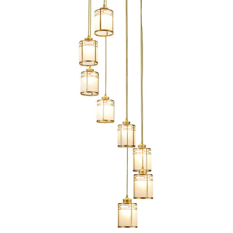 Frosted White Glass Cylindrical Pendant Lamp Modern Brass Multiple Hanging Lights for Duplex House Clearhalo 'Ceiling Lights' 'Glass shade' 'Glass' 'Modern Pendants' 'Modern' 'Pendant Lights' 'Pendants' Lighting' 2592906