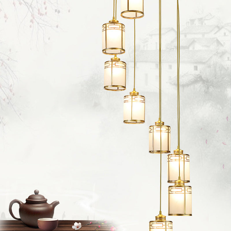 Frosted White Glass Cylindrical Pendant Lamp Modern Brass Multiple Hanging Lights for Duplex House Clearhalo 'Ceiling Lights' 'Glass shade' 'Glass' 'Modern Pendants' 'Modern' 'Pendant Lights' 'Pendants' Lighting' 2592908