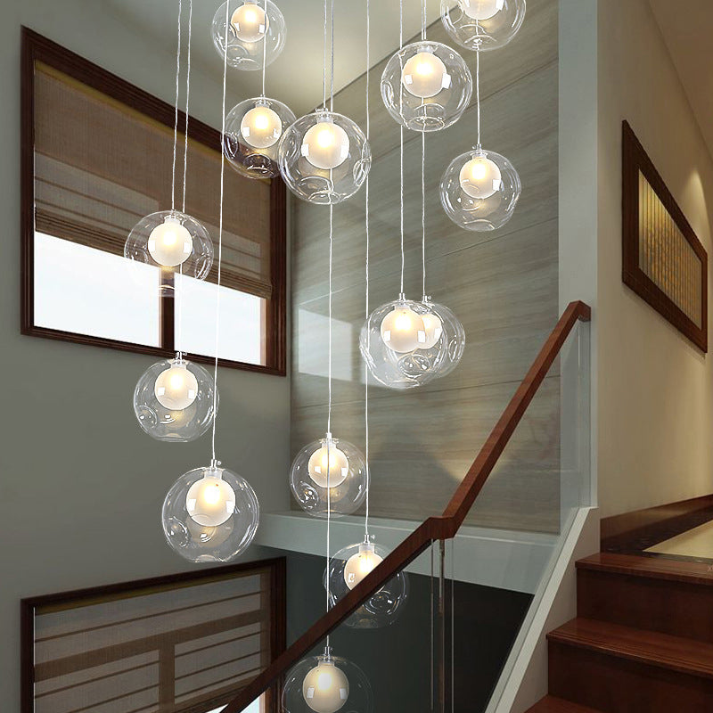 Minimalist Bubbles Multi Pendant Light Fixture Frosted White-Clear Glass Spiral Stairs Suspension Light Clearhalo 'Ceiling Lights' 'Glass shade' 'Glass' 'Modern Pendants' 'Modern' 'Pendant Lights' 'Pendants' Lighting' 2592931