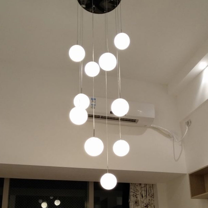 Cream Glass Spherical Multi Pendant Chandelier Simplicity Silver Ceiling Hang Lamp for Lobby Stairs 10 Silver Clearhalo 'Ceiling Lights' 'Modern Pendants' 'Modern' 'Pendant Lights' 'Pendants' Lighting' 2592940