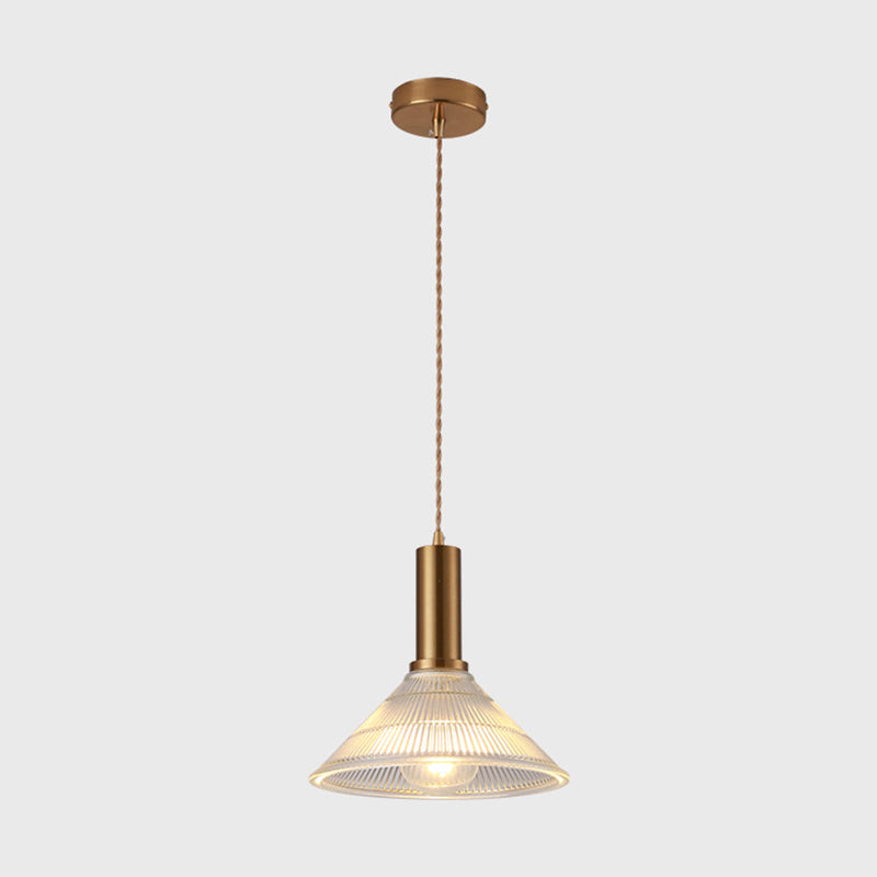 Ribbed Glass Shade Hanging Lamp Simple Style Single-Bulb Pendant Light Fixture for Bedroom Brass Cone Clearhalo 'Ceiling Lights' 'Modern Pendants' 'Modern' 'Pendant Lights' 'Pendants' Lighting' 2593000