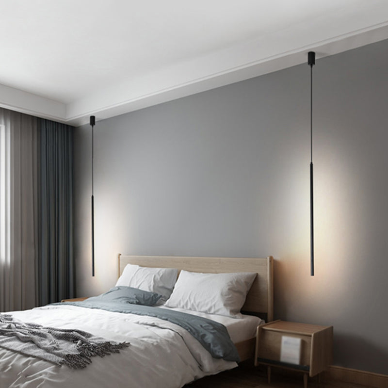 Minimalist Style LED Stick Pendant Metal Bedroom Linear Suspension Lighting in Black Clearhalo 'Ceiling Lights' 'Modern Pendants' 'Modern' 'Pendant Lights' 'Pendants' Lighting' 2593127