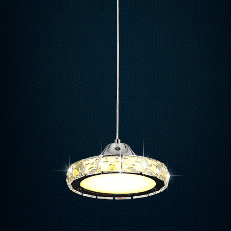 Chrome Finish Circular LED Pendant Modern Crystal Embedded Hanging Ceiling Light Chrome 5" Clearhalo 'Ceiling Lights' 'Modern Pendants' 'Modern' 'Pendant Lights' 'Pendants' Lighting' 2593184