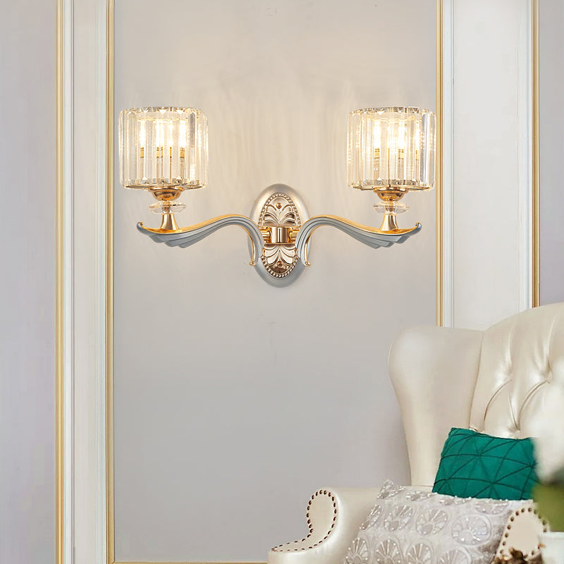 1/2 Lights Cylinder Sconce Light with Clear Crystal Shade Modern Flush Mount Wall Sconce in Silver Finish Clearhalo 'Modern wall lights' 'Modern' 'Wall Lamps & Sconces' 'Wall Lights' Lighting' 259325