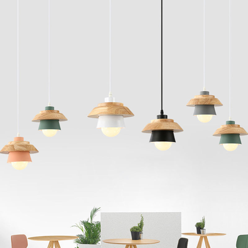 Saucer Cup Dining Room Hanging Lamp Metal and Wood 1 Bulb Nordic Pendant Light Fixture Clearhalo 'Ceiling Lights' 'Modern Pendants' 'Modern' 'Pendant Lights' 'Pendants' Lighting' 2593316