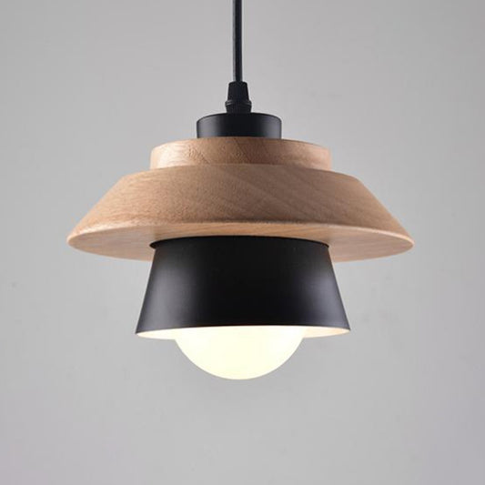 Saucer Cup Dining Room Hanging Lamp Metal and Wood 1 Bulb Nordic Pendant Light Fixture Black Clearhalo 'Ceiling Lights' 'Modern Pendants' 'Modern' 'Pendant Lights' 'Pendants' Lighting' 2593317